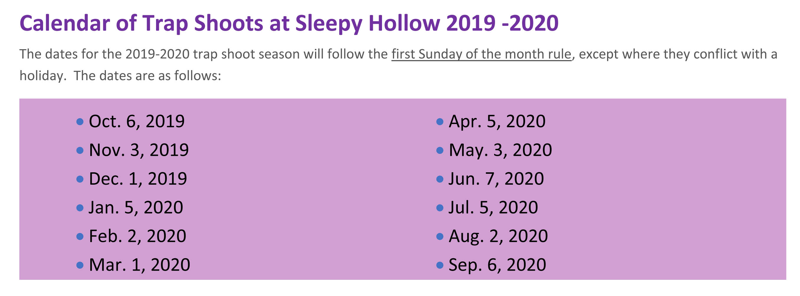 Trap Shoot Calendar for 2020 Sleepy Hollow AC