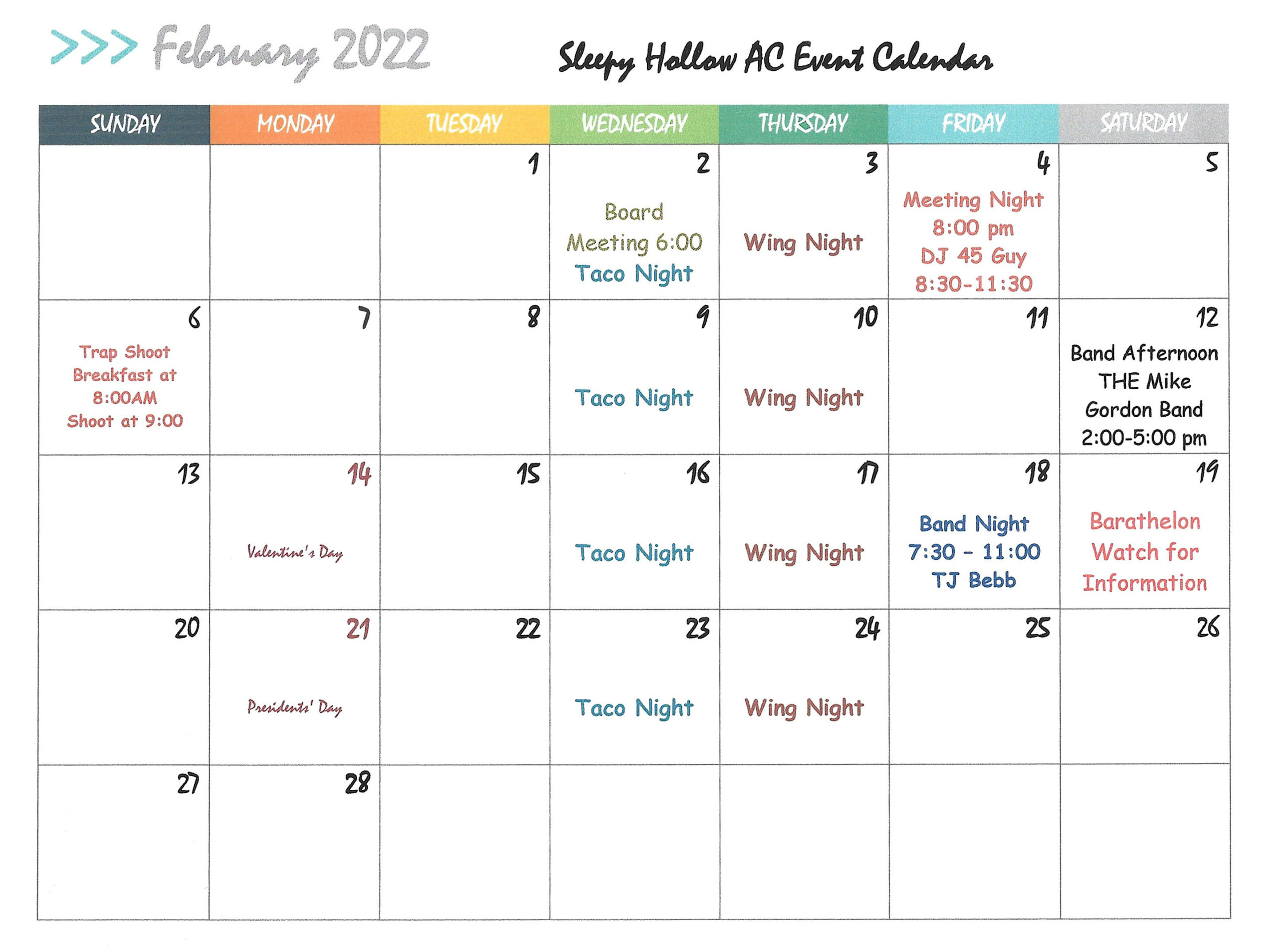 February 2022 Calendar Revised Sleepy Hollow AC