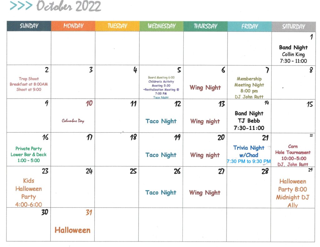 October 2022 Calendar Updated – Sleepy Hollow AC